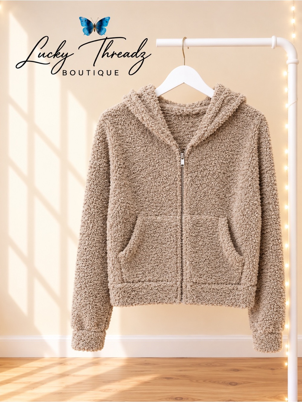Teddy Bear Sherpa Fleece Zip Up Cropped Hoodie Jacket Beige Oatmeal XS SO